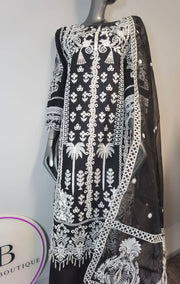 3pc Embroidered Lawn Trouser suit ~ Black