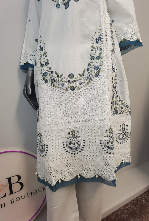3pc Lawn Embroidered Trouser Suit ~ White