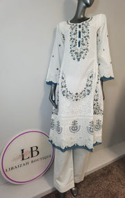 3pc Lawn Embroidered Trouser Suit ~ White