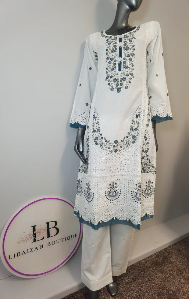 3pc Lawn Embroidered Trouser Suit ~ White