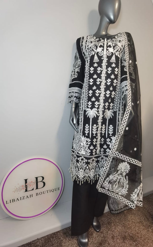 3pc Embroidered Lawn Trouser suit ~ Black