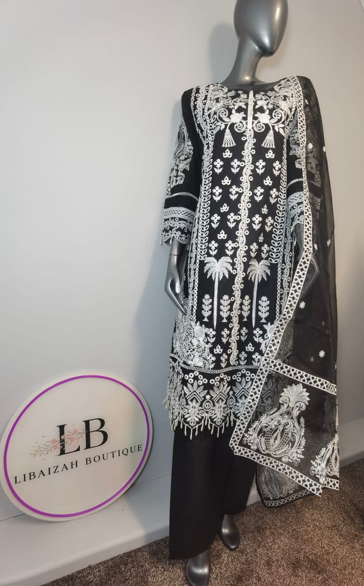 3pc Embroidered Lawn Trouser suit ~ Black