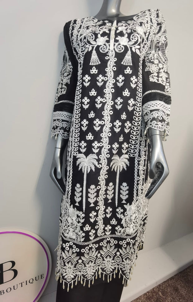 3pc Embroidered Lawn Trouser suit ~ Black