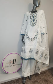 3pc Lawn Embroidered Trouser Suit ~ White