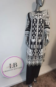 3pc Embroidered Lawn Trouser suit ~ Black