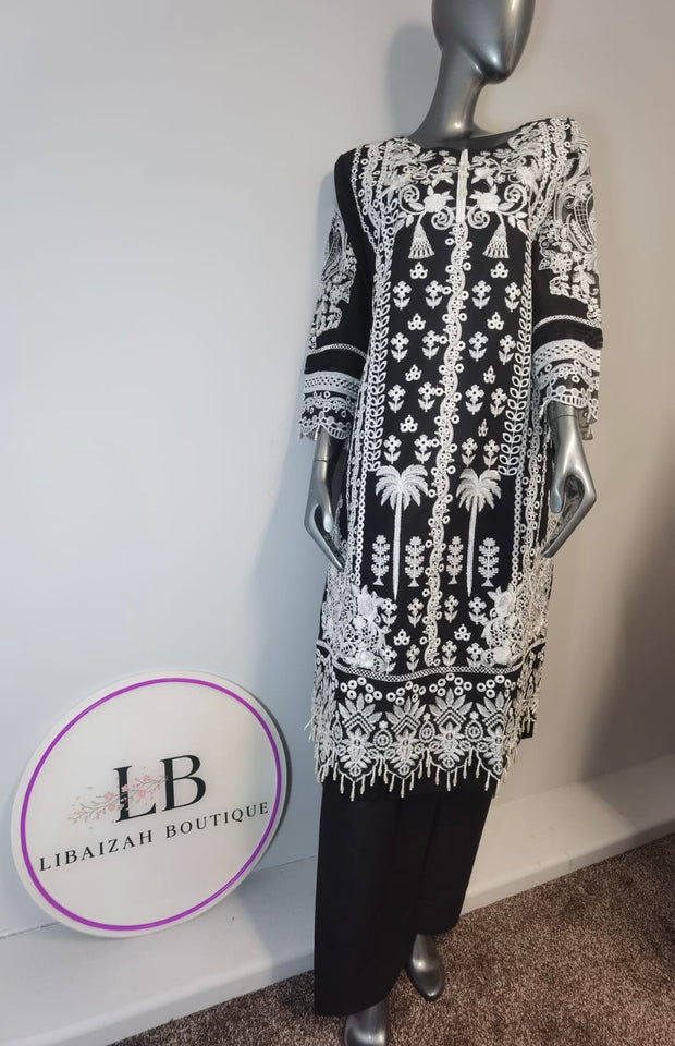 3pc Embroidered Lawn Trouser suit ~ Black