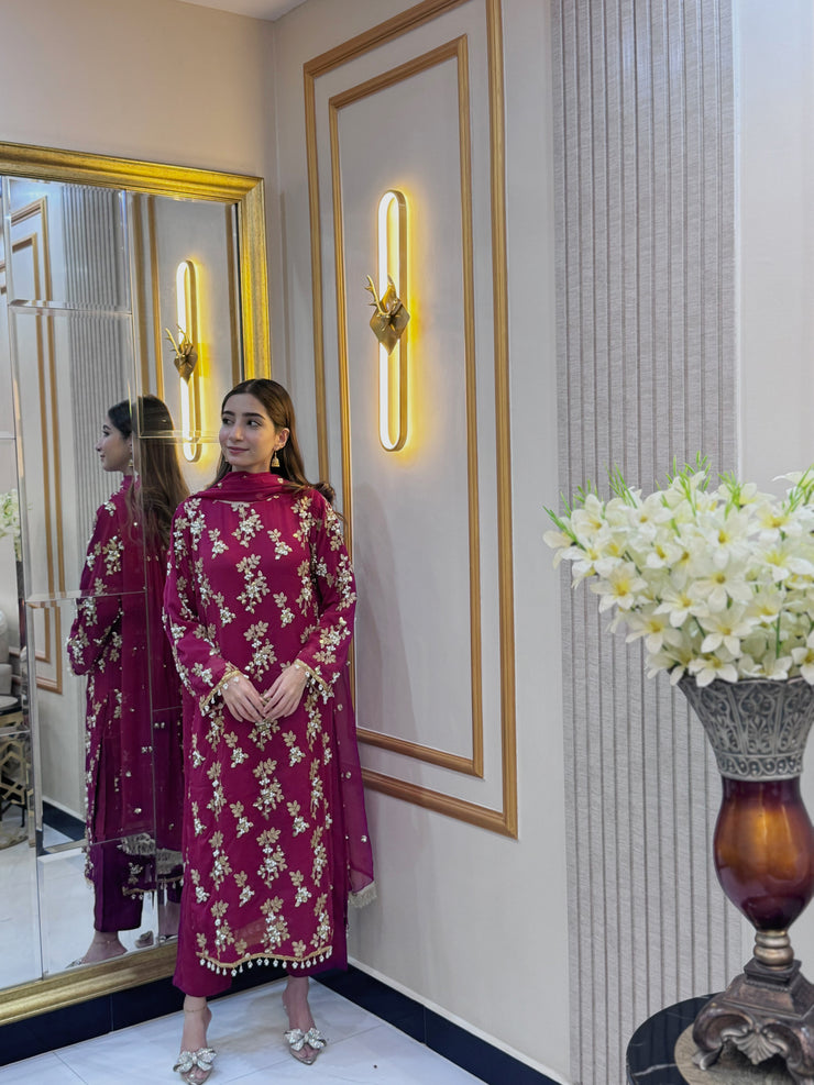 3 Piece Embroidered Chiffon Party wear Pakistani Dress | Umnaa