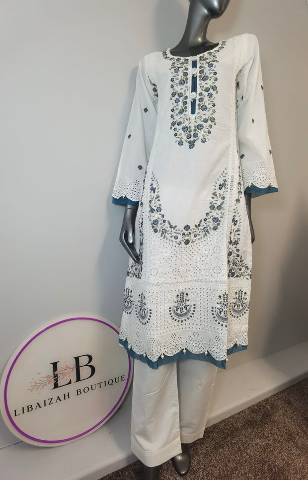 3pc Lawn Embroidered Trouser Suit ~ White