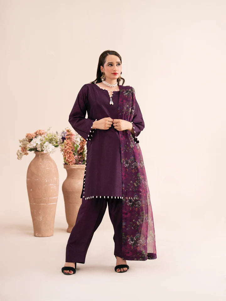 3pc Raw Silk Farshi Shalwar suit - GRAPE MIST | Raniya.H