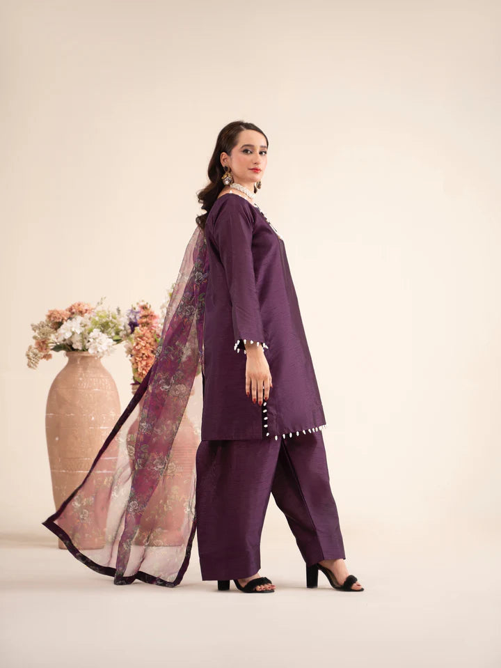3pc Raw Silk Farshi Shalwar suit - GRAPE MIST | Raniya.H
