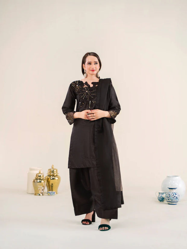 3pc Raw silk Farsi Shalwar suit - NOIR GLEAM | Raniya.H