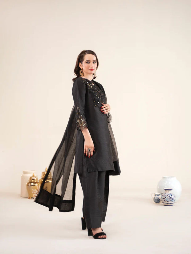 3pc Raw silk Farsi Shalwar suit - NOIR GLEAM | Raniya.H